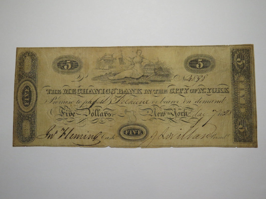 $5 1828 New York City New York Obsolete Currency Bank Note Bill Mechanics Bank