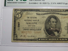 Load image into Gallery viewer, $5 1929 Malone New York NY National Currency Bank Note Bill Charter #11897 VF20