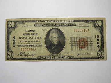 $20 1929 Washington D.C National Currency Bank Note Bill #1050 RARE Charter!