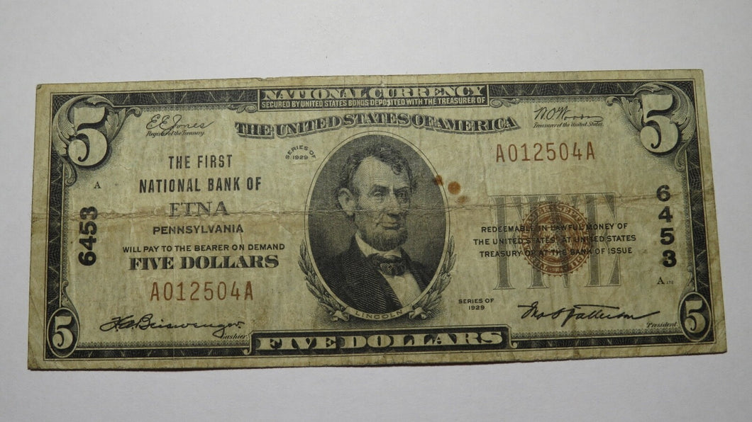 $5 1929 Etna Pennsylvania PA National Currency Bank Note Bill Charter #6453 RARE