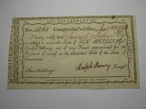 1790 10 Shillings Connecticut Comptroller Colonial Currency Note Ralph Pomeroy
