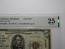 Load image into Gallery viewer, $5 1929 Calumet Michigan MI National Currency Bank Note Bill #3457 VF25 PMG