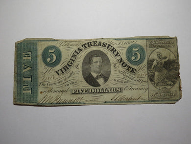 $5 1862 Richmond Virginia VA Obsolete Currency Treasury Bank Note Bill