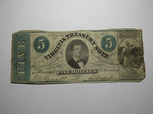 $5 1862 Richmond Virginia VA Obsolete Currency Treasury Bank Note Bill