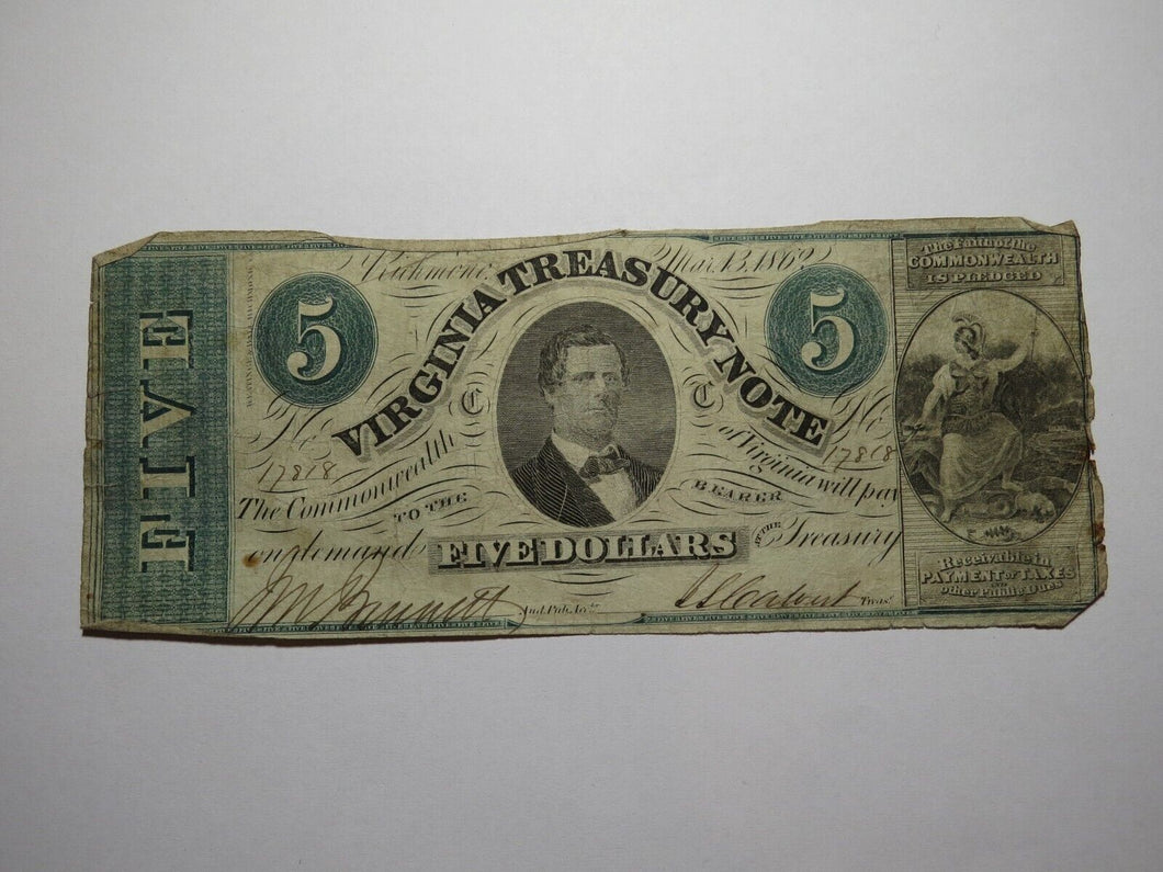 $5 1862 Richmond Virginia VA Obsolete Currency Treasury Bank Note Bill