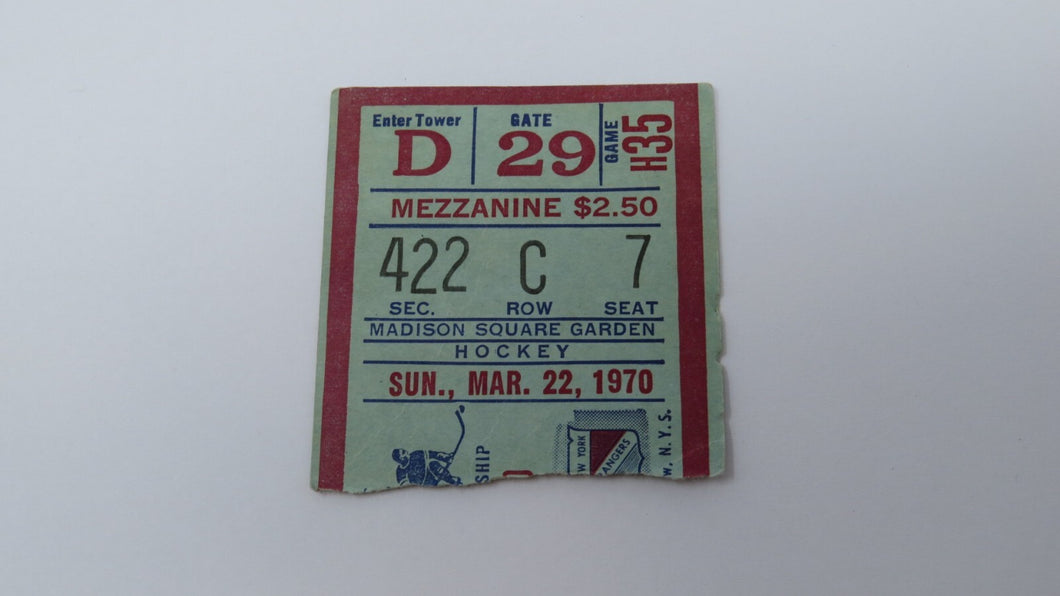 March 22, 1970 New York Rangers Vs. Toronto Maple Leafs NHL Hockey Ticket Stub