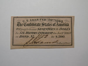 $17.50 1863 Confederate Bond Coupon Certificate Currency Bank Note Bill UNC