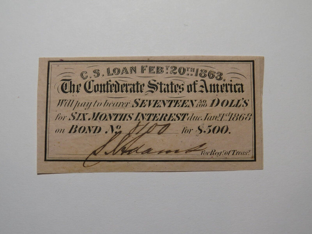 $17.50 1863 Confederate Bond Coupon Certificate Currency Bank Note Bill UNC
