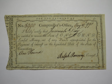 1790 One Pound Connecticut Comptroller's Office Colonial Currency Note Pomeroy