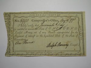 1790 One Pound Connecticut Comptroller's Office Colonial Currency Note Pomeroy