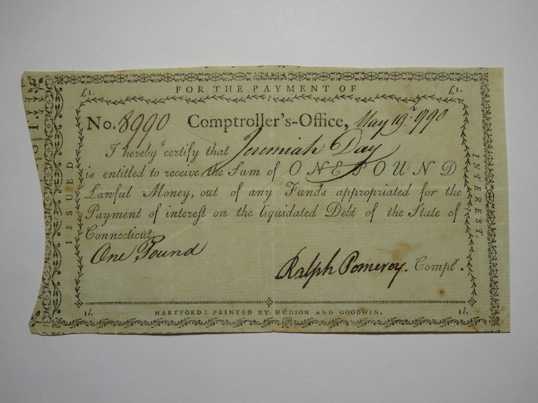 1790 One Pound Connecticut Comptroller's Office Colonial Currency Note Pomeroy