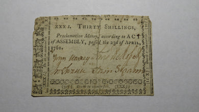 1761 Thirty Shillings North Carolina NC Colonial Currency Note Bill 30s RARE