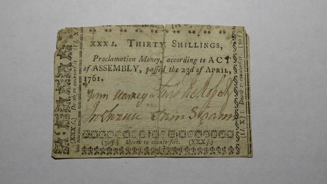 1761 Thirty Shillings North Carolina NC Colonial Currency Note Bill 30s RARE
