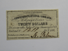 Load image into Gallery viewer, $20 1861 Confederate Bond Coupon Certificate Currency Bank Note Bill UNC