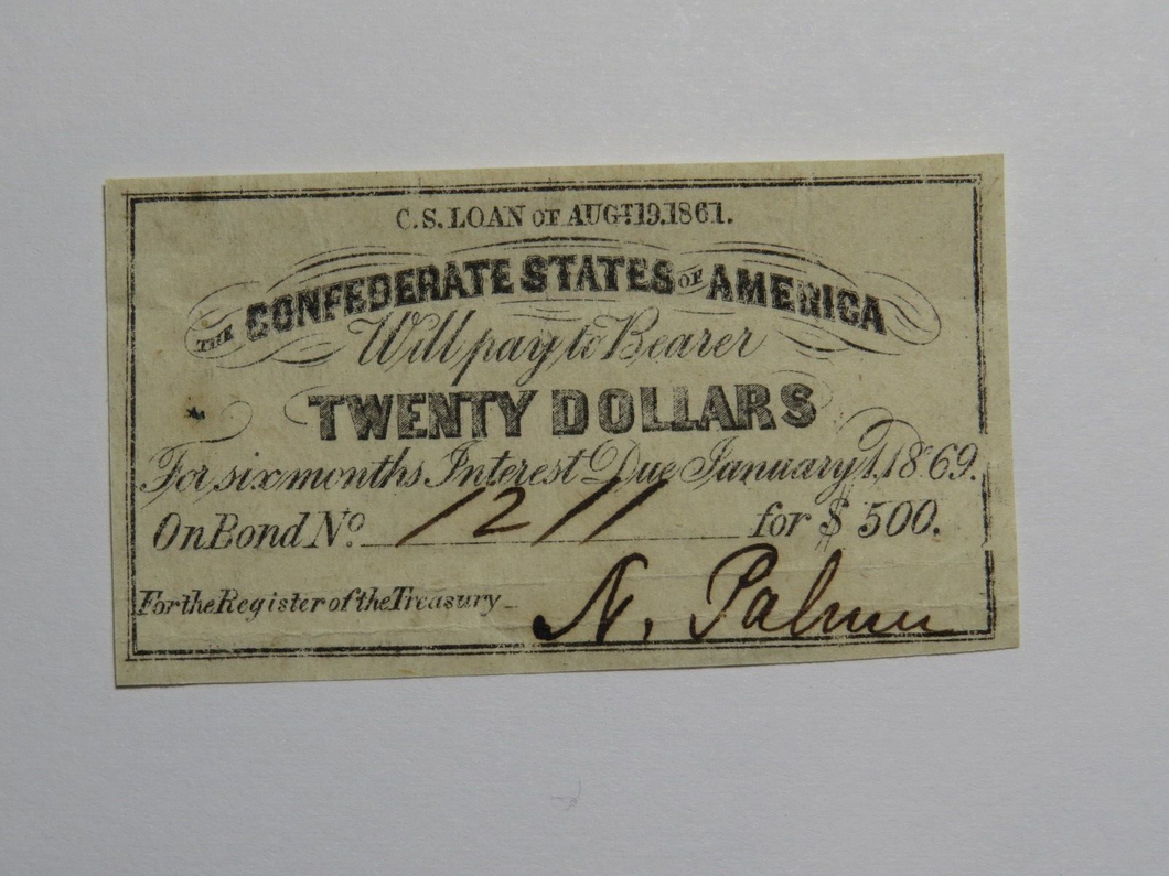 $20 1861 Confederate Bond Coupon Certificate Currency Bank Note Bill UNC