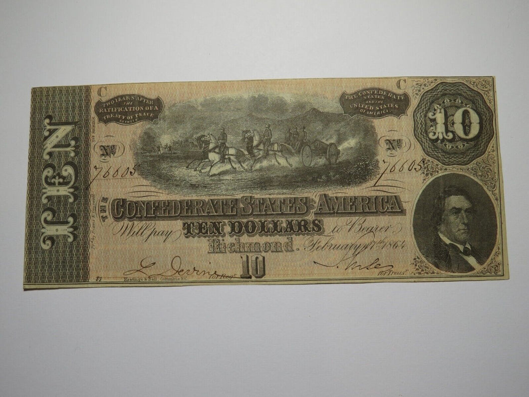 $10 1864 Richmond Virginia VA Confederate Currency Bank Note Bill RARE T68 VF