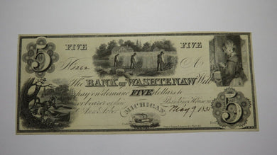 $5 1835 Ann Arbor Michigan MI Obsolete Currency Bank Note Bill Washtenaw Bank AU