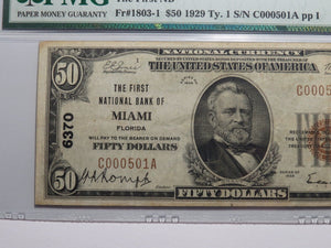 $50 1929 Miami Florida FL National Currency Bank Note Bill Ch. #6370 PMG VF30
