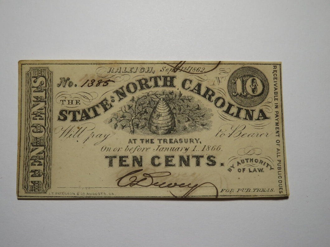 $.10 1862 Raleigh North Carolina Obsolete Currency Bank Note Bill NC State UNC+