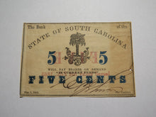 Load image into Gallery viewer, $.05 1863 Charleston South Carolina Obsolete Currency Bank Note Bank of SC