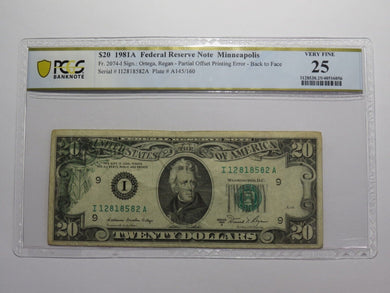 $20 1981 Partial Back to Face Offset Error Federal Reserve Bank Note Bill VF25