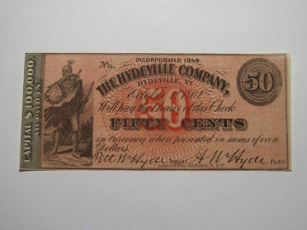 $.50 1862 Hydeville Vermont VT Obsolete Currency Bank Note Bill Remainder UNC++