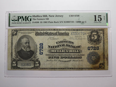 $5 1902 Mullica Hill New Jersey NJ National Currency Bank Note Bill #6728 F15