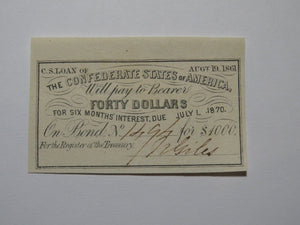 $40 1861 Confederate Bond Coupon Certificate Currency Bank Note Bill UNC