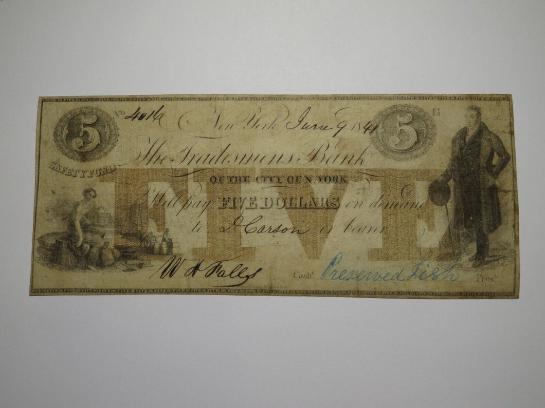 $5 1841 New York City New York Obsolete Currency Bank Note Bill Tradesmens Bank