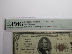 $5 1929 Topeka Kansas KS National Currency Bank Note Bill Ch. #12740 VF25 PMG