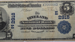 $5 1902 Vineland New Jersey NJ National Currency Bank Note Bill Ch. #2918 VF25!