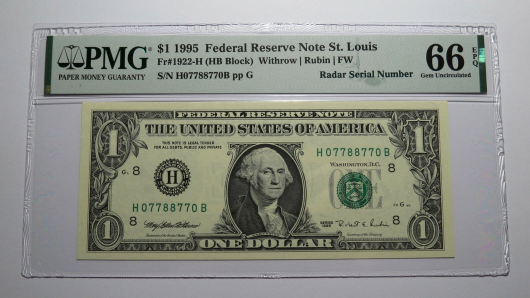 $1 1995 Radar Serial Number Federal Reserve Currency Bank Note Bill PMG UNC66EPQ