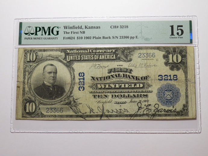 $10 1902 Winfield Kansas KS National Currency Bank Note Bill Ch. #3218 F15 PMG
