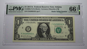 $1 2017 Radar Serial Number Federal Reserve Currency Bank Note Bill PMG UNC66EPQ