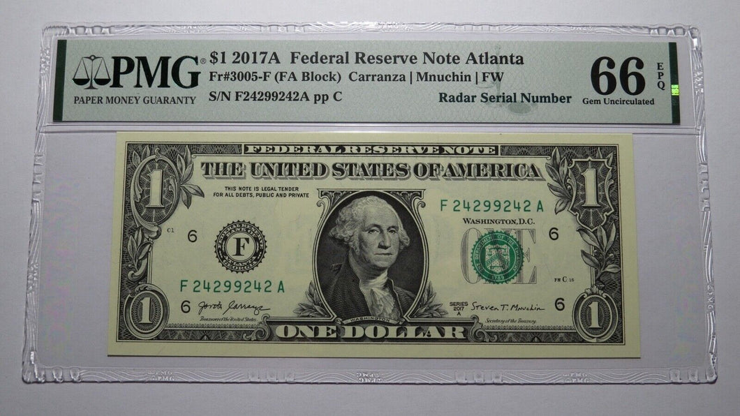 $1 2017 Radar Serial Number Federal Reserve Currency Bank Note Bill PMG UNC66EPQ
