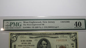 $5 1929 West Englewood New Jersey National Currency Bank Note Bill #12402 XF40