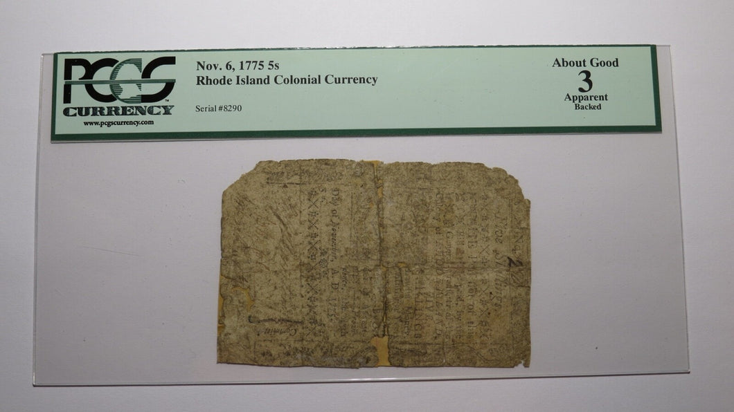 1775 Five Shillings Rhode Island RI Colonial Currency Note Bill! PCGS Graded 5s