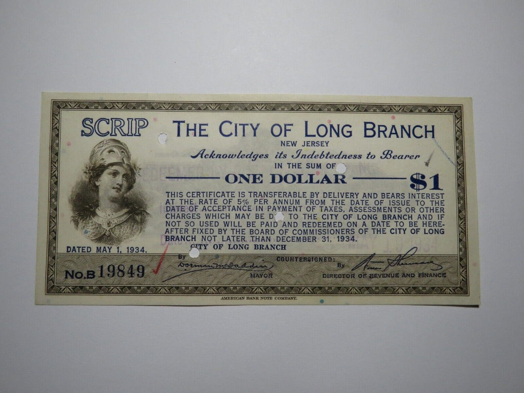 $1 1934 Long Branch New Jersey NJ Obsolete Currency Bank Note Scrip City of LB!