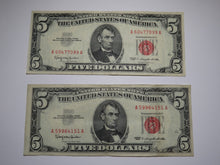 Load image into Gallery viewer, 2 $5 1963 Lincoln Red Seal Legal Tender Currency Notes Bank Bill VF-XF Condition