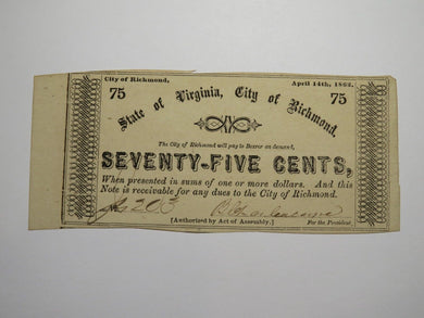 $.75 1862 Richmond Virginia Obsolete Currency Bank Note Bill City of Rich. UNC++