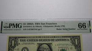 $1 1988 Radar Serial Number Federal Reserve Currency Bank Note Bill PMG UNC66EPQ