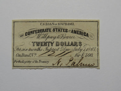 $20 1861 Confederate Bond Coupon Certificate Currency Bank Note Bill UNC