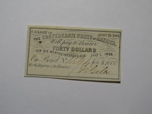 $40 1861 Confederate Bond Coupon Certificate Currency Bank Note Bill UNC