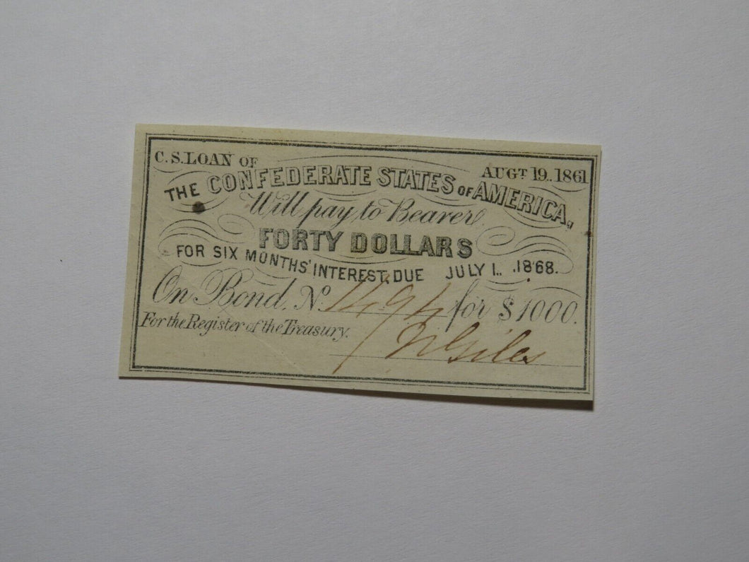 $40 1861 Confederate Bond Coupon Certificate Currency Bank Note Bill UNC