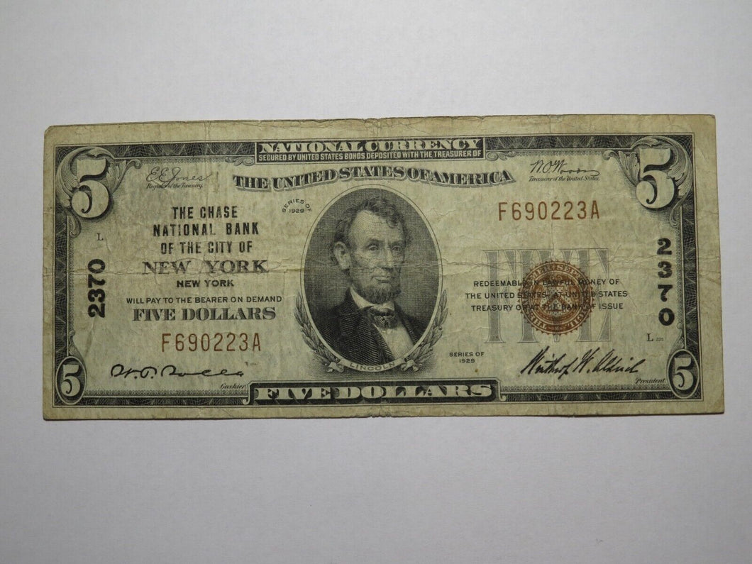 $5 1929 New York City NY National Currency Bank Note Bill Charter #2370 FINE