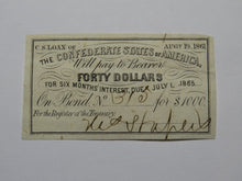 Load image into Gallery viewer, $40 1861 Confederate Bond Coupon Certificate Currency Bank Note Bill UNC