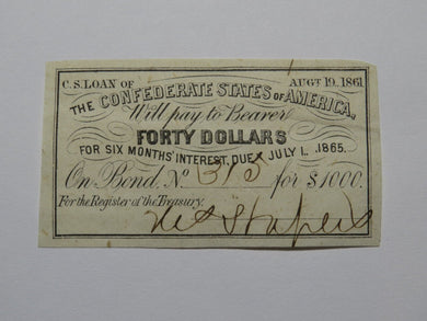 $40 1861 Confederate Bond Coupon Certificate Currency Bank Note Bill UNC
