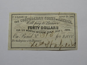 $40 1861 Confederate Bond Coupon Certificate Currency Bank Note Bill UNC