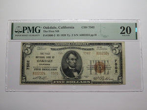 $5 1929 Oakdale California National Currency Bank Note Bill Ch. #7502 VF20 PMG