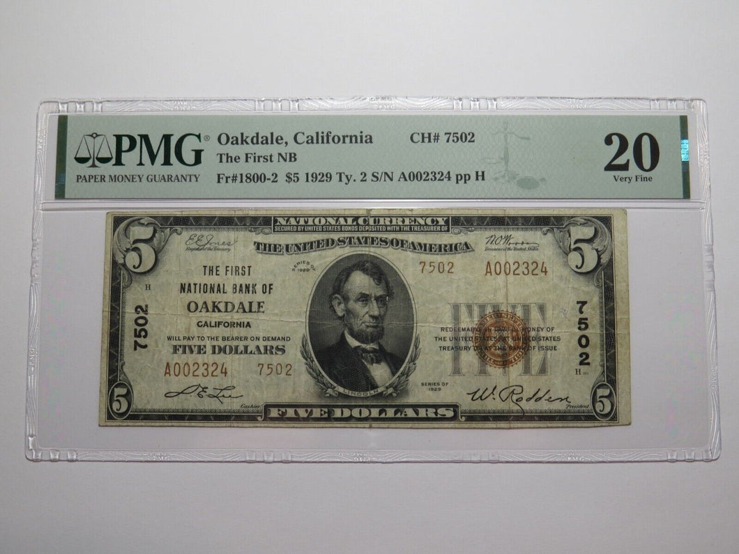$5 1929 Oakdale California National Currency Bank Note Bill Ch. #7502 VF20 PMG